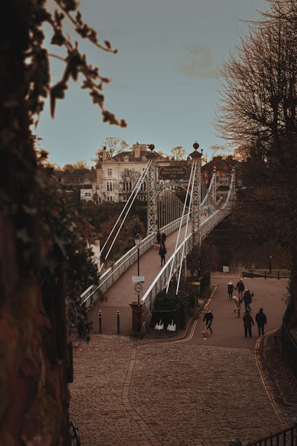 A view of a pedestrian bridge with white suspension cables, crossing over a paved pathway flanked by trees and greenery. In the background, there are residential buildings on a hillside, partially obscured by leafless branches indicating late autumn or winter. The pathway is populated with several people strolling, some walking alone and others in groups. The scene is lit with soft, natural light under an overcast sky, showcasing a well-maintained garden or park area near Hammersmith Bridge. Although the image focuses on urban landscape features, it reflects outdoor maintenance themes such as trimming trees and upkeep of pathways, consistent with gardening and landscaping work supported by Gardeners Hammersmith.